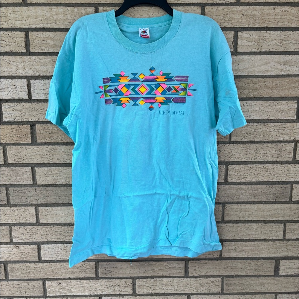 Vintage Fruit of the Loom Sky Blue Short Sleeve Tee with Abstract Design
